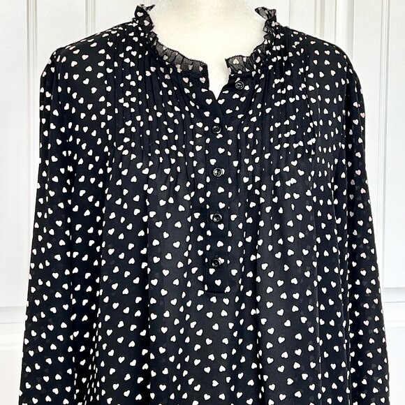 Adrianna Papell Long Sleeve Pintuck Ruffle Button Front Heart Print Blouse Sz L - Picture 7 of 13
